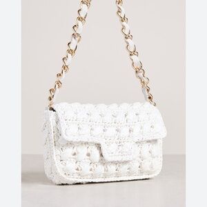 Caterina Bertini Cream Woven Knit Crochet Gold Chain Flap Bag